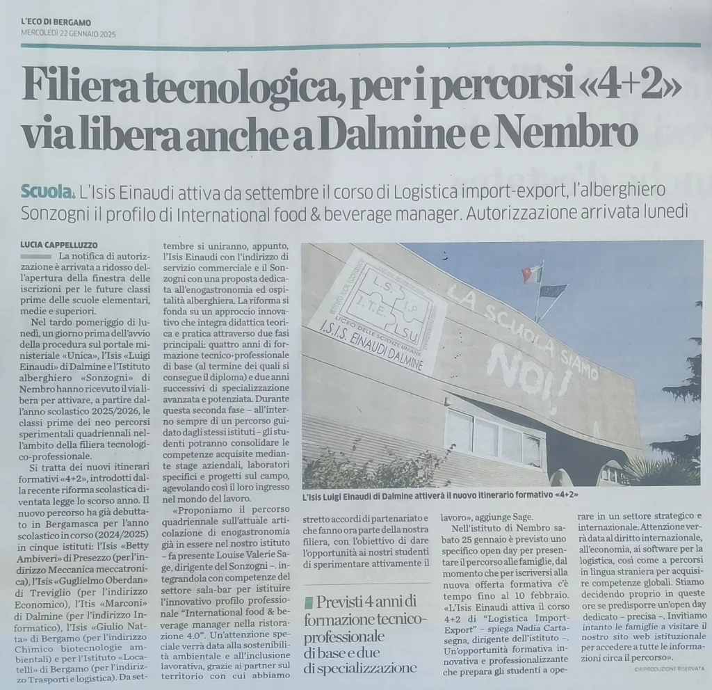 Articolo sull'attivazione dei nuovi percorsi formativi “4+2” nell’ambito della filiera tecnologica e professionale.
