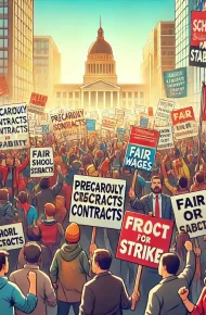 A protest or strike involving school workers showing people holding signs banners and flags in a large city